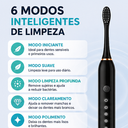 Escova Elétrica Sônica Profissional – 42.000 Vibrações | Dentes Mais Brancos em Casa + 4 Refis Grátis