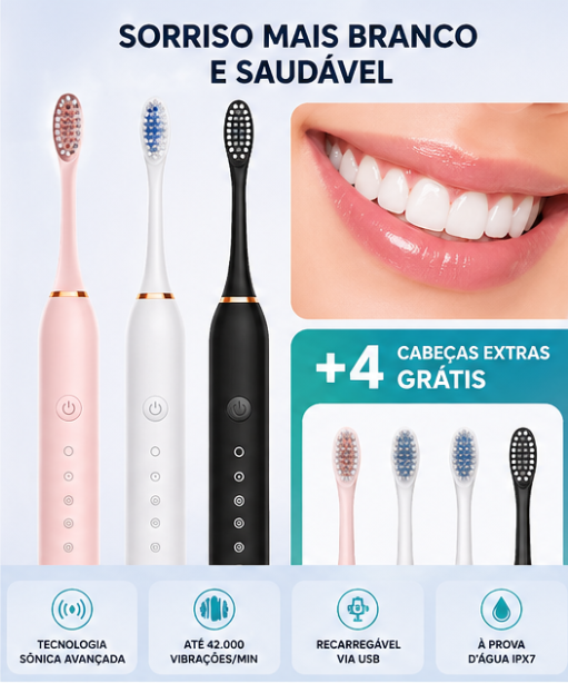 Escova Elétrica Sônica Profissional – 42.000 Vibrações | Dentes Mais Brancos em Casa + 4 Refis Grátis