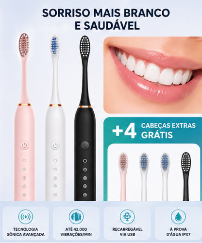 Escova Elétrica Sônica Profissional – 42.000 Vibrações | Dentes Mais Brancos em Casa + 4 Refis Grátis